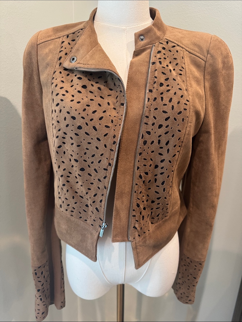 BCBGMaxAzria Tan Laser-Cut Suede Moto Jacket
